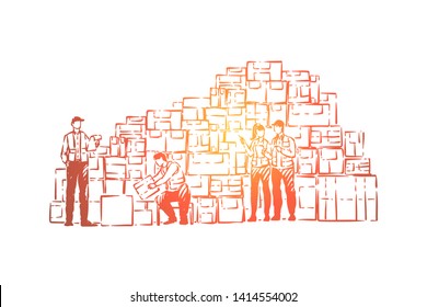 Storage facility workers, warehouse employees sorting packages, storing boxed goods, preparing freight delivery