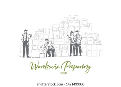 Storage facility workers, warehouse employees sorting packages, storing boxed goods, preparing freight delivery. Jobs in shipping service and inventory concept sketch. Hand drawn vector illustration