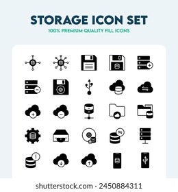 Storage fill icons set. Collection of fill vector icons such as Storage Media, Database Management, Servers, and Cloud Computing. Premium quality fill icon collection.