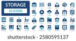 Storage flat icons collection. Warehouse, hangar, box, archive, manufacturing, database, container, garage, drawer sign set.