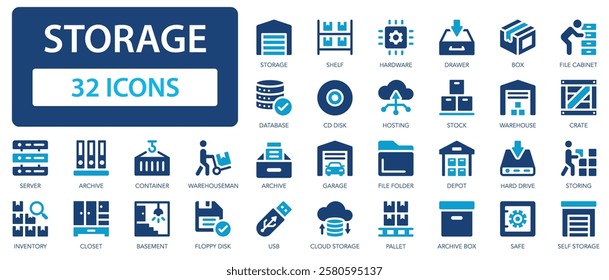 Storage flat icons collection. Warehouse, hangar, box, archive, manufacturing, database, container, garage, drawer sign set.