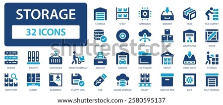 Storage flat icons collection. Warehouse, hangar, box, archive, manufacturing, database, container, garage, drawer sign set.