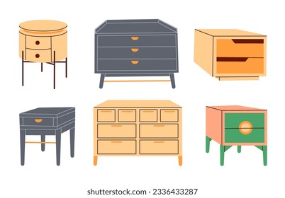 Storage furniture set. Designer chest of drawers for the bedroom. Storage cabinet in the living room.