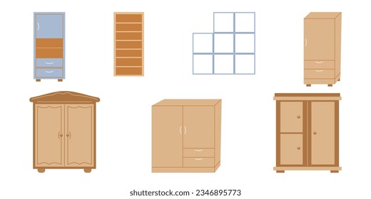 Storage furniture set in the living room. Cabinets and racks. Interior design concept. Vector flat illustration...