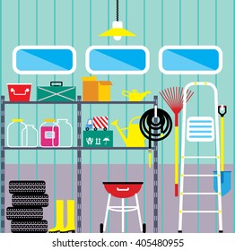 Storage with garden items in garage interior. House interior with the tools. Vector illustration