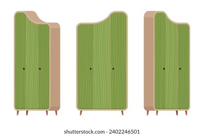 Storage green cabinet with two doors set. Kitchen pantry, dining room wooden closet for storing linens, books. Vector flat style cartoon home decor, office furniture objects isolated, white background