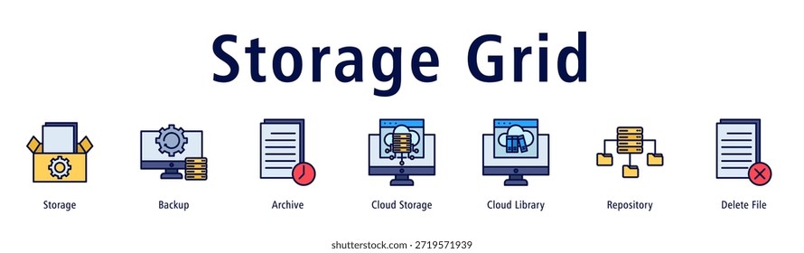Ilustração vetorial do ícone do banner da Web da Grade de Armazenamento com ícones de Armazenamento, Backup, Arquivamento, Armazenamento em Nuvem, Biblioteca de Nuvens, Repositório e Excluir Arquivo.