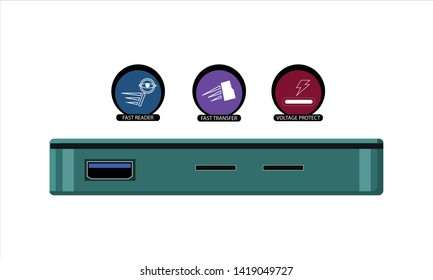 Storage HDD or SSD with features button concept. Editable Clip Art.