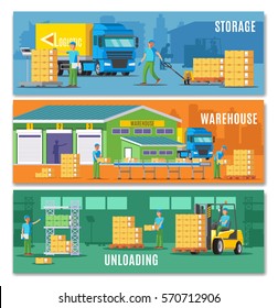 Storage horizontal banners with warehouse buildings transportation calculation and unloading processes vector illustration