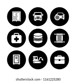 storage icon. 9 storage set with locker, treatment, bedroom black closed closet for clothes and garage vector icons for web and mobile app