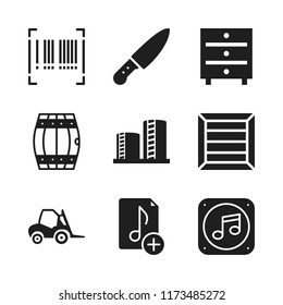 storage icon. 9 storage vector icons set. music file, barrel and shipping icons for web and design about storage theme