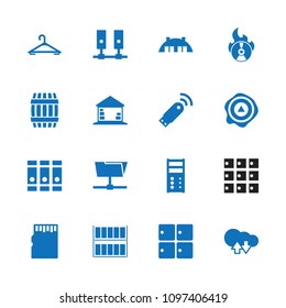 Storage icon. collection of 16 storage filled icons such as barrel, hanger, binder, arrow up, server, folder, barn, usb signal. editable storage icons for web and mobile.