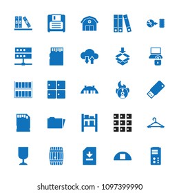 Storage icon. collection of 25 storage filled icons such as hanger, cargo barn, box, diskette, binder, disc, server, folder. editable storage icons for web and mobile.