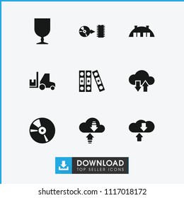 Storage icon. collection of 9 storage filled icons such as fragile cargo, cd, disc, download cloud, barn, cloud download upload. editable storage icons for web and mobile.