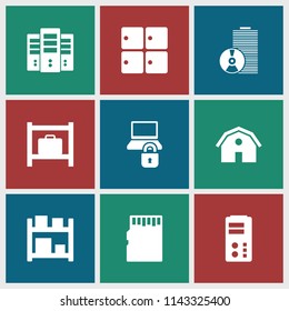 Storage icon. collection of 9 storage filled icons such as barn, server, memory card, disc. editable storage icons for web and mobile.