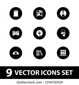 Storage icon. collection of 9 storage filled icons such as cargo barn, memory card, binder, cd, folder protection. editable storage icons for web and mobile.