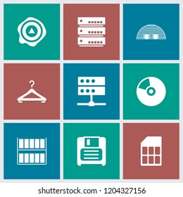 Storage icon. collection of 9 storage filled icons such as arrow up, diskette, server, barn, hanger, cd. editable storage icons for web and mobile.