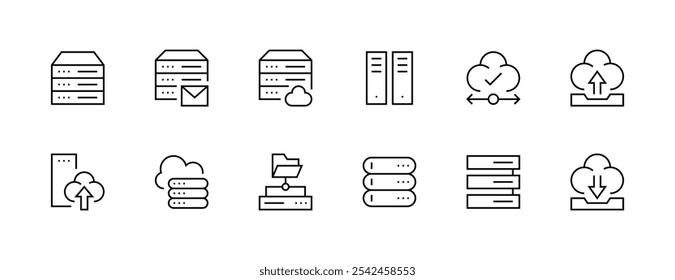 Coleção de ícones de armazenamento. Ícone de hospedagem definido. Armazenamento, nuvem, computação, servidor Web, hospedagem, data center, informações e muito mais. Traçado editável. Pixel perfeito. Grade de 32px.