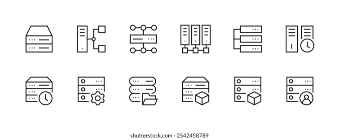 Coleção de ícones de armazenamento. Ícone de hospedagem definido. Armazenamento, nuvem, computação, servidor Web, hospedagem, data center e muito mais. Traçado editável. Pixel perfeito. Grade de 32px.