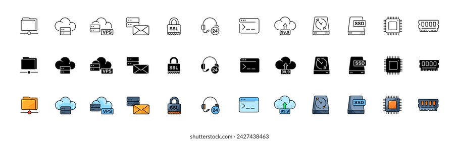 Storage icon collection. Storage set. Linear, silhouette and flat style. Vector icons