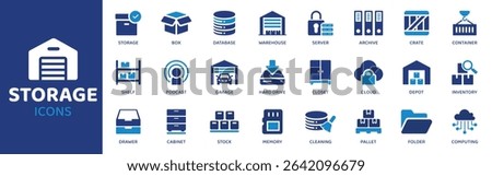 Storage - Icon Collection. Thin Line Set contains such Icons as Storage, Box, Container, Bin, File, Folder, Cabinet and more. Simple web icons set.