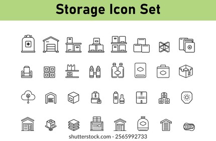 Storage icon including warehouse, box, pallet, warehousing, garage, stockroom isolated on white background vector art