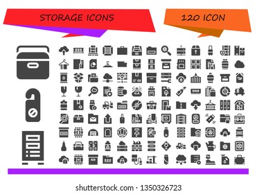 storage icon set. 120 filled storage icons.  Collection Of - Portable fridge, Server, Hanger, Upload, Ram, Boxes, Toolbox, Folder, Virus search, Box, Suitcase, Document, Clothing hanger