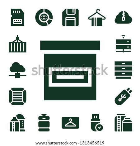 storage icon set. 17 filled storage icons.  Simple modern icons about  - Sd card, Container, Cloud computing, Box, Boxes, Server, Drawers, Pendrive, Silo, Big data, Beer keg, Floppy disk