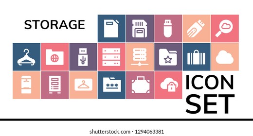  storage icon set. 19 filled storage icons. Simple modern icons about  - Gas can, Hanger, Locker, Server, Folder, Suitcase, Cloud computing, Usb, Sd card, Pendrive