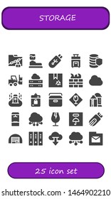 storage icon set. 25 filled storage icons.  Simple modern icons about  - Folder, Water tank, Pendrive, Suitcase, Database, Forklift, Server, Box, Firewall, Cloud computing, Harddrive