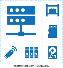 Storage icon. set of 6 storage filled icons such as luggage storage, binder, memory card, usb signal, hard disc