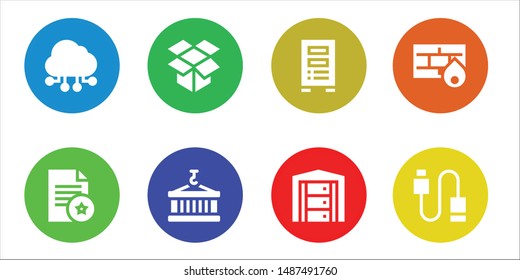 storage icon set. 8 filled storage icons.  Collection Of - Cloud computing, Document, Dropbox, Container, Server, Firewall, Usb