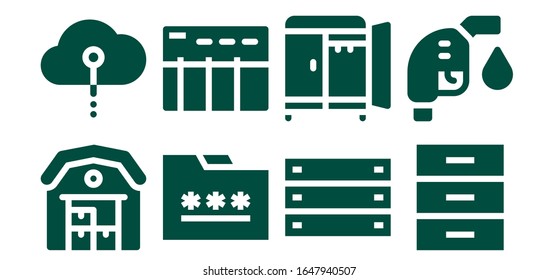 Speichersymbol-Set. 8 gefüllte Speichersymbole. Einschließlich Lager, Cloud-Computing, Ordner, Datentabellen, Box, Wardrobe, Kabinett, Brennstoffsymbole
