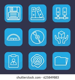 Storage icon. set of 9 outline storage icons such as barn, handle with care, arrow up, diskette, binder, CD, folder, server
