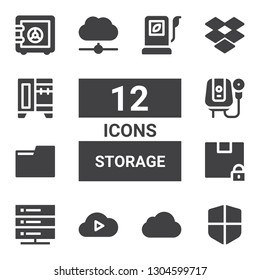 storage icon set. Collection of 12 filled storage icons included Firewall, Icloud, Cloud computing, Server, Box, Folder, Water heater, Dropbox, Wardrobe, Safe box, Fuel