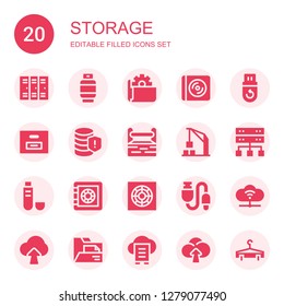 storage icon set. Collection of 20 filled storage icons included Lockers, Gas, Folder, Cd, Pendrive, Box, Database, Toolbox, Harbor crane, Server, Usb, Safe box, Cooler, Cloud computing