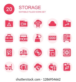 storage icon set. Collection of 20 filled storage icons included Folder, Cloud data, Cloud computing, Toolbox, Oil, Ram, Wardrobe, Hard drive, Shelf, Compact disc, Memory card