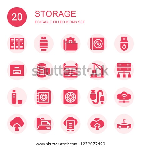 storage icon set. Collection of 20 filled storage icons included Lockers, Gas, Folder, Cd, Pendrive, Box, Database, Toolbox, Harbor crane, Server, Usb, Safe box, Cooler, Cloud computing