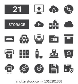 storage icon set. Collection of 21 filled storage icons included Box, Floppy disk, Cd, Cloud data, Container, Boxes, Usb, Archive, Freezer, Folder, Server, Toolbox, Tv table, Icloud