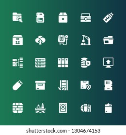 storage icon set. Collection of 25 filled storage icons included Harddrive, Data storage, Hard disk, Oil, Firewall, Memory card, Box, Server, Usb, Upload, Database, Archive, Hosting