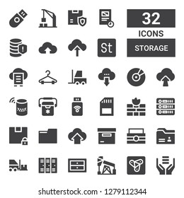 storage icon set. Collection of 32 filled storage icons included Server, Anywhere, Oil, Drawers, Lockers, Forklift, Folder, Toolbox, Box, Cloud computing, Database, Firewall, Sd