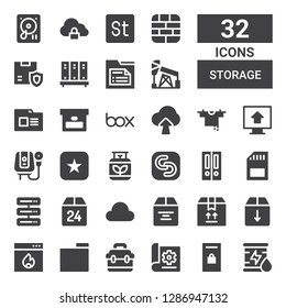 Storage Icon Set. Collection Of 32 Filled Storage Icons Included Oil, Locker, Document, Toolbox, Folder, Firewall, Box, Cloud Computing, Server, Sd, Folders, Safecopy Backup, Gas
