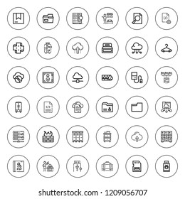 Storage icon set. collection of 36 outline storage icons with archive, cabinet, compact disc, box, cd, cloud computing, document, dressing room, folder icons. editable icons.