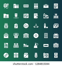 storage icon set. Collection of 36 filled storage icons included Server, Document, Pendrive, Box, Cabinet, Disc, Baggage, Tv table, Oil, Forklift, Binder, Firewall, Shelves, Cd