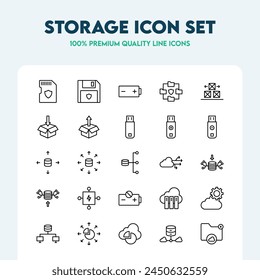 Conjunto de iconos de almacenamiento. Colección de íconos vectoriales de esquema como Administración de bases de datos, Computación en la nube, Transferencia de datos, Caja de almacenamiento y Administración de la nube. colección de iconos de calidad de Premium.