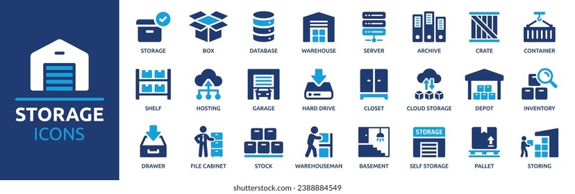 Speichersymbol eingestellt. Enthält Lager, Datenbank, Box, Inventar, Container, Regal, Archiv und mehr. Kollektion der festen Vektorsymbole.