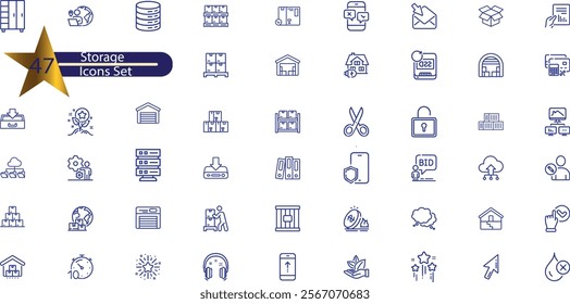 Storage icon set. Containing warehouse, database, box, inventory, container, shelf,