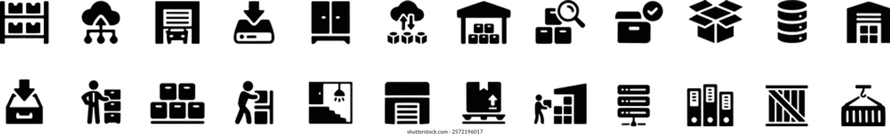 Storage icon set. Containing warehouse, database, box, inventory, container, shelf, archive. Vector illustration