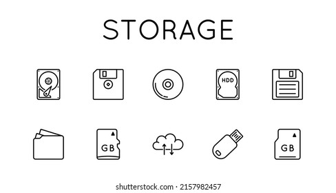 Storage Icon Set. Data, Media, Media Content Memory Card, Hard Drive, Flash Card, Cloud Storage, Folder, SD.