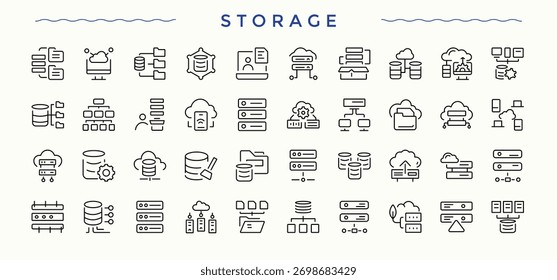 Storage icon set. Database thin line icons set. Vector icons collection. Server vector line icon set. Art and illustration.